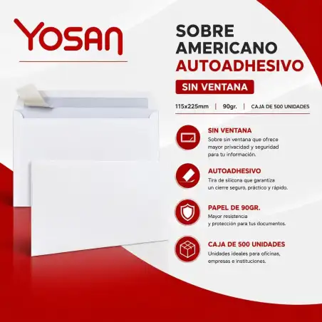 (877S1122SV/500) YOSAN SOBRE AMERICANO CON TIRA DE SILICONA AUTOADHESIVO 90GR 115X225 BLANCO SIN VENTANA -500U- OFFSET