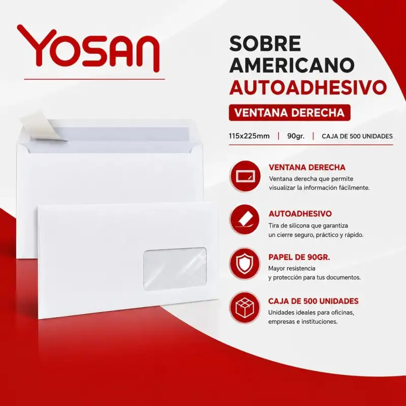 (877S1122VD/500) YOSAN SOBRE AMERICANO CON TIRA DE SILICONA AUTOADHESIVO 90GR 115X225 BLANCO CON VENTANA DERECHA -500U- OFFSET