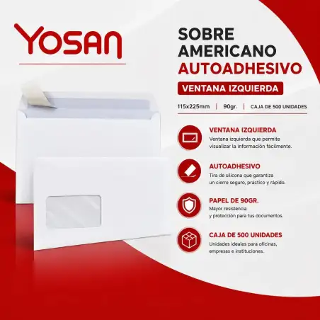 (877S1122VI/500) YOSAN SOBRE AMERICANO CON TIRA DE SILICONA AUTOADHESIVO 90GR 115X225 BLANCO CON VENTANA IZQUIERDA -500U- OFFSET