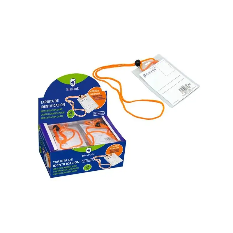 (318671) BISMARK TARJETA DE IDENTIFICACIÓN VERTICAL 70X105 MM C/CORDÓN NARANJA -25U-
