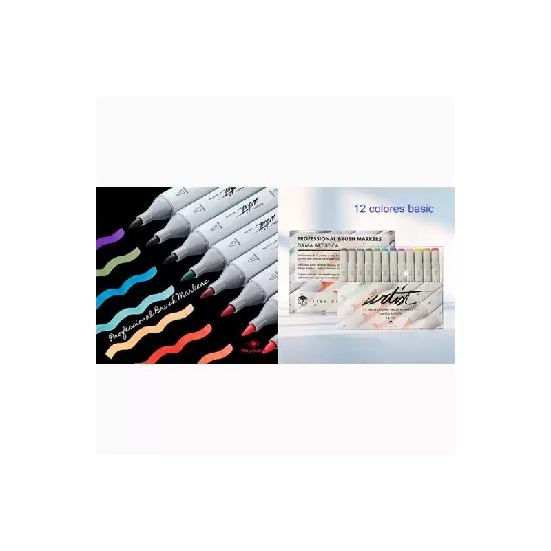 (AB-1212) ALEX BOG ROTULADORES PROFESSIONAL BRUSH MARKET BASIC COLORS DOBLE PUNTA BISELADA/PINCEL C/SURTIDOS ESTUCHE 12 UD