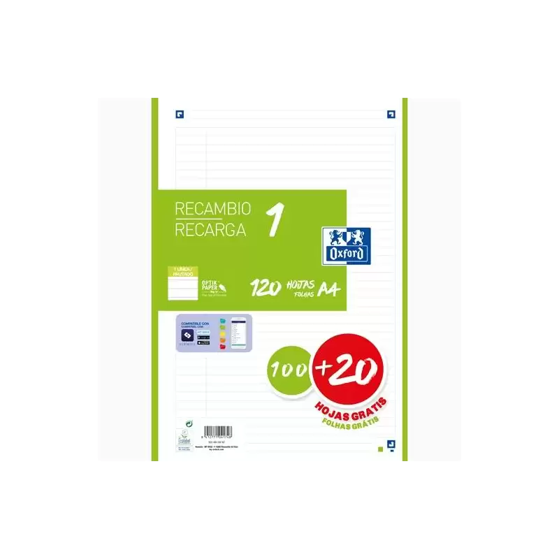 (400158167) OXFORD RECAMBIO CLASSIC 120 HOJAS A4 SUELTAS 90GR 1 LÍNEA 4 TALADROS 1 BANDA COLOR VERDE