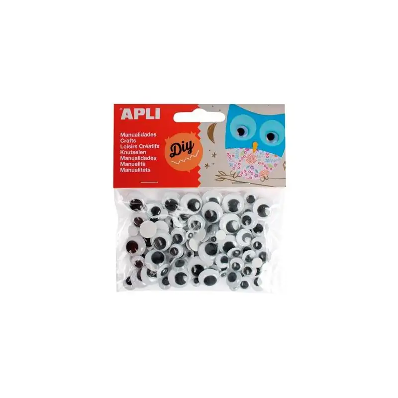 (13263) APLI OJOS MÓVILES NEGROS REDONDOS ADHESIVOS TAMAÑOS SURTIDOS -BOLSA 100U-