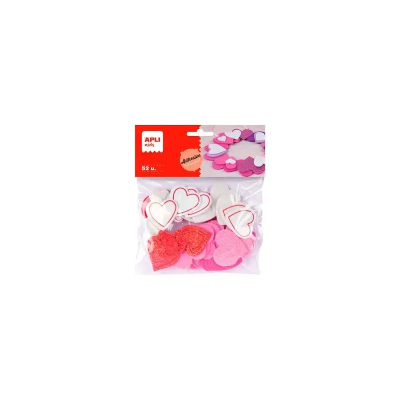 (13283) APLI FORMAS GOMA EVA ADHESIVAS CORAZONES CON PURPURINA COLORES SURTIDOS -52U-