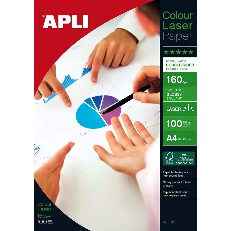 (11817) APLI PAPEL FOTOGRÁFICO A4 160GR LÁSER DOBLE CARA PAQUETE 100H BLANCO BRILLO