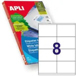 (01292) APLI ETIQUETAS ADHESIVAS 105X70MM INKJET/LÁSER C/RECTOS 8 X 100H BLANCO