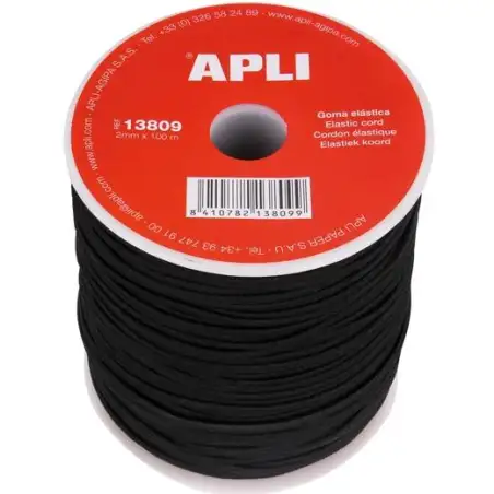 (13809) APLI BOBINA DE CUERDA ELÁSTICA REDONDA 2MMX100 NEGRO