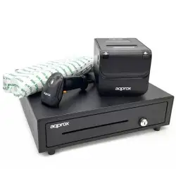 (APPPOSPACK4180) AQPROX KIT TPV CAJON PORTAMONEDAS NEGRO + LECTOR/SCANNER + IMPRESORA TERMICA + PACK ROLLOS PAPEL