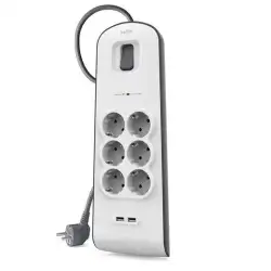 (BSV604VF2M) BELKIN REGLETA DE PROTECCION CONTRA SOBRETENSIONES CON 6 TOMAS + 2 PUERTOS USB BOTÓN DE APAGADO Y ENCENDIDO 2 ME...