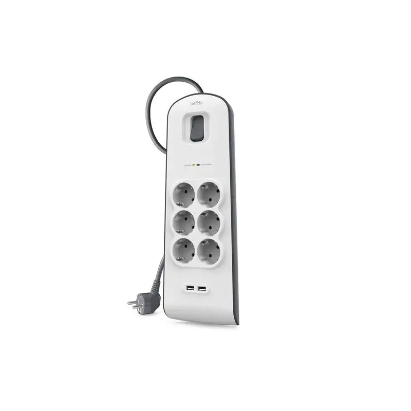 (BSV604VF2M) BELKIN REGLETA DE PROTECCION CONTRA SOBRETENSIONES CON 6 TOMAS + 2 PUERTOS USB BOTÓN DE APAGADO Y ENCENDIDO 2 ME...