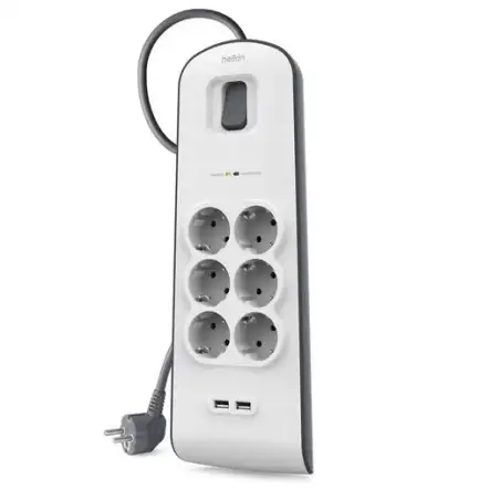 (BSV604VF2M) BELKIN REGLETA DE PROTECCION CONTRA SOBRETENSIONES CON 6 TOMAS + 2 PUERTOS USB BOTÓN DE APAGADO Y ENCENDIDO 2 ME...