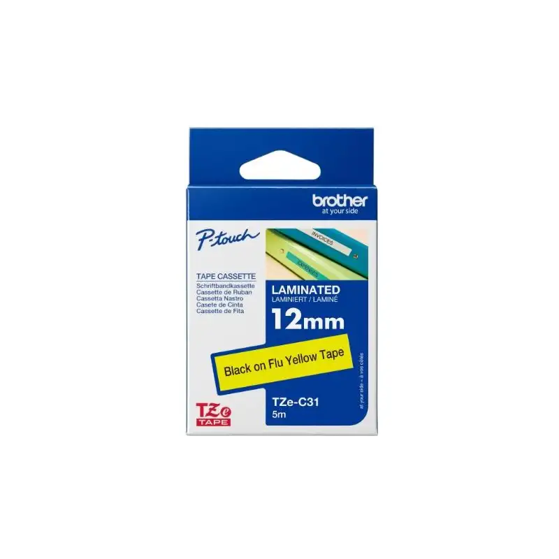 (TZEC31) BROTHER CINTA ROTULADORA LAMINADA NEGRO SOBRE AMARILLO FLUOR - 12MMX5M