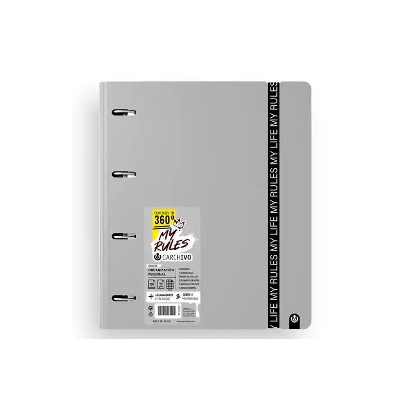 (12477475) CARCHIVO CARPEBLOCK 360 MY RULES CON RECAMBIO 100H A4 5X5 90GR 4 SEPARADORES PP FOAM GRIS
