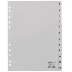 (651210) DURABLE ÍNDICES PP CON PESTAÑAS IMPRESAS DIVISIÓN NUMÉRICA 1-12 VERTICAL A4 GRIS