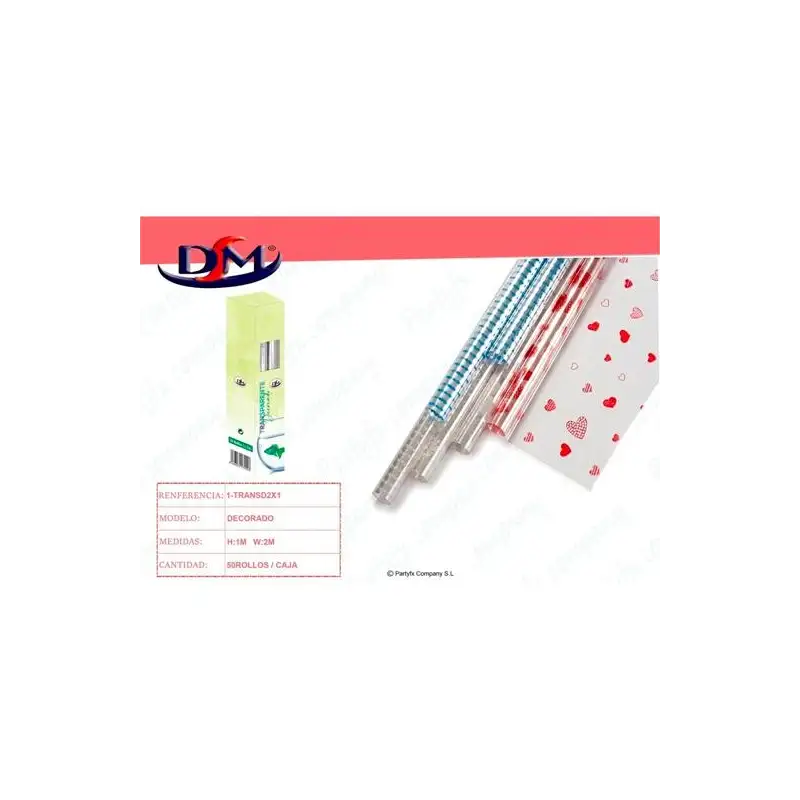 (1-TRANSD2X1) DM PAPEL REGALO ROLLO 1X2M TRANSPARENTE DECORADO MOTIVOS BLANCOS