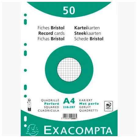 (12606E) EXACOMPTA FICHAS CARTULINA BRISTOL TALADRO A4 CUADRÍCULA 5X5 PACK DE 50 BLANCO