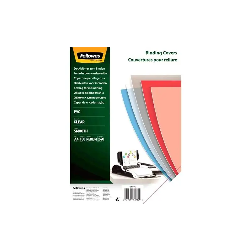 (53762) FELLOWES TAPAS ENCUADERNACIÓN A4 PVC 240 MICRAS TRANSPARENTE PACK 100 UD