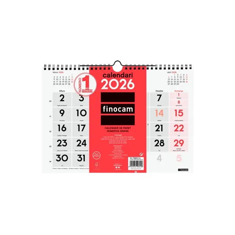 (780030026) FINOCAM CALENDARIO DE PARED NÚMEROS GRANDES M-300X210MM MV NEUTRO 2026 CATALÁN