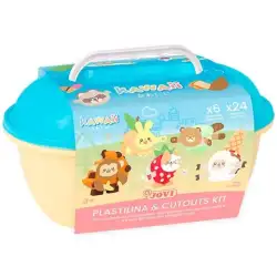 (KW2203) JOVI COFRE KAWAII 24 PASTILLAS PLASTILINA 15GR + TROQUELADO0S + 3 ESPÁTULAS DE COLORES