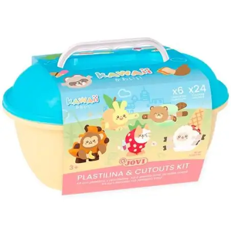 (KW2203) JOVI COFRE KAWAII 24 PASTILLAS PLASTILINA 15GR + TROQUELADO0S + 3 ESPÁTULAS DE COLORES