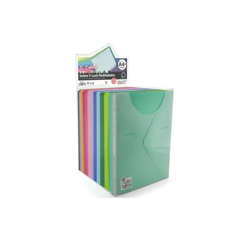 (35311) OFFICE BOX SOBRE BROCHE COLORLINE A4+/FOLIO MULTITALADRO CIERRE V-LOCK PP C/SURTIDOS EXPOSITOR 120 UD