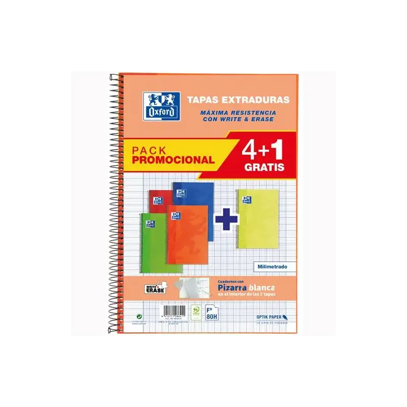 (100430276) OXFORD CUADERNO ESPIRAL WRITE&ERASE 80H FOLIO MILIMETRADO C/MARGEN T/EXTRADURA PACK 4+1 C/SURTIDOS VIVOS
