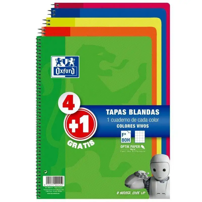 (400027271) OXFORD CUADERNO ESPIRAL 80H FOLIO 4X4MM C/MARGEN TAPA BLANDA PACK 4+1 UD COLORES VIVOS