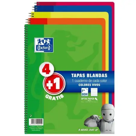 (400027271) OXFORD CUADERNO ESPIRAL 80H FOLIO 4X4MM C/MARGEN TAPA BLANDA PACK 4+1 UD COLORES VIVOS