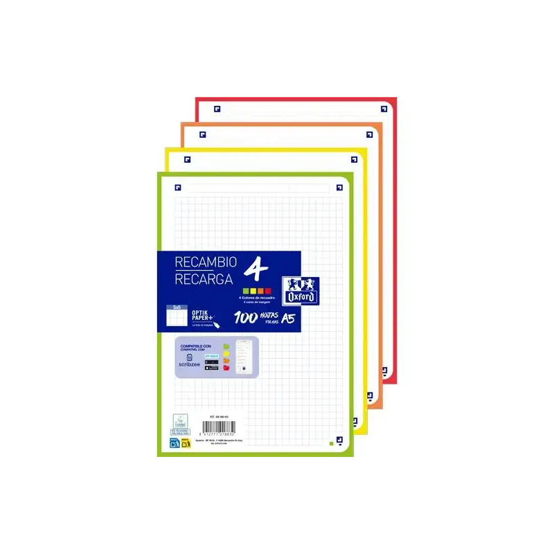 (400088483) OXFORD RECAMBIO PAQUETE 100 HOJAS SUELTAS 6 TALADROS A5 5X5 4 COLORES VIVOS
