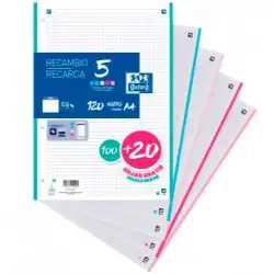 (400146851) OXFORD RECAMBIO CLASSIC 100H + 20H GRATIS A4 SUELTAS 90GR 5X5MM 4 TALADROS 5 BANDAS COLORES PASTEL