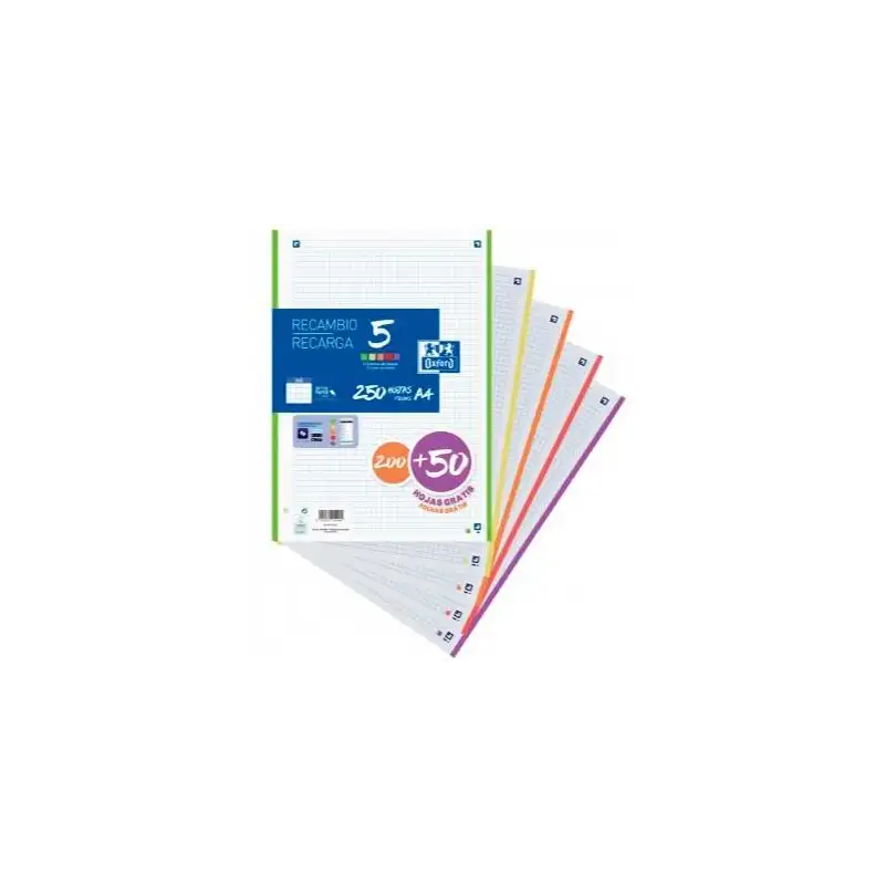 (400150903) OXFORD RECAMBIO 200 + 50 HOJAS GRATIS A4 MICROPERFORADAS 4 CUADRÍCULA 5X5MM 90GR 5 BANDAS COLORES VIVOS