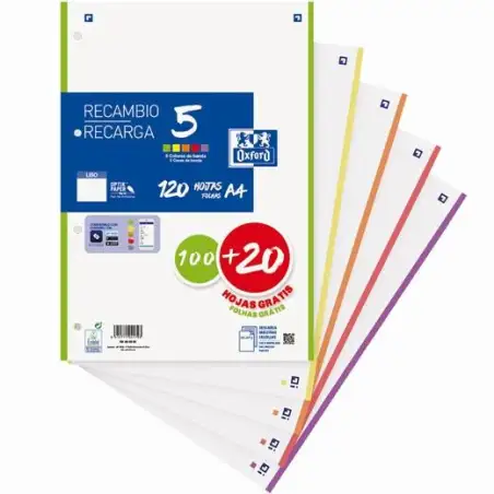 (400158168) OXFORD RECAMBIO CLASSIC 100H + 20H GRATIS A4 SUELTAS 90GR LISO 4 TALADROS 5 BANDAS COLORES VIVOS