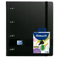 (400205943) OXFORD PACK EUROPEANBINDER LIVE&GO A4+ CON RECAMBIO 5X5 TAPA PLÁSTICO NEGRA + 4 RESALTADORES TEXTMARKER NEÓN SURT...