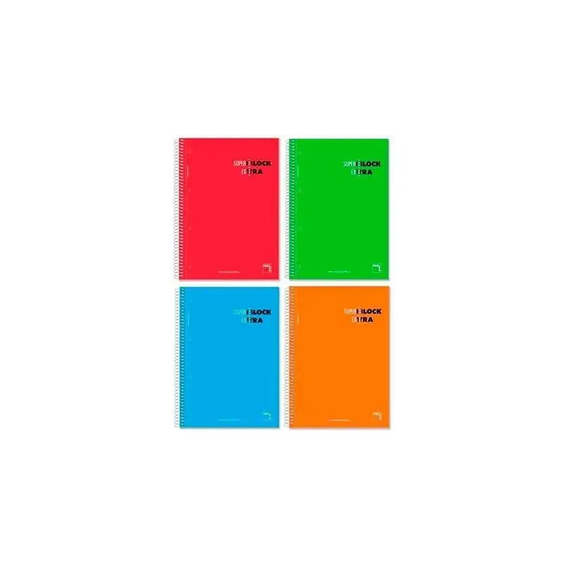 (16366) PACSA CUADERNO SUPERBLOCK EXTRA 120H A4 90GR 5X5 + GRECA MICROPERFORADO TAPA DURA PACK 4 UD C/SURTIDOS