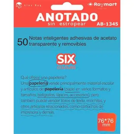 (AB-1345) ROYMART BLOC NOTAS ADHESIVAS INTELIGENTES REMOVIBLES 50H 76X76 ACETATO TRANSPARENTE AZUL FLÚOR